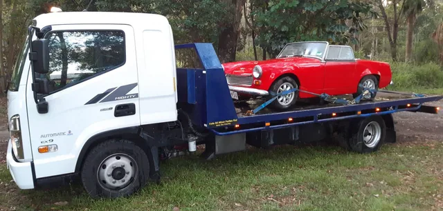 Small red classic roadster secured on the tilt tray beside trees